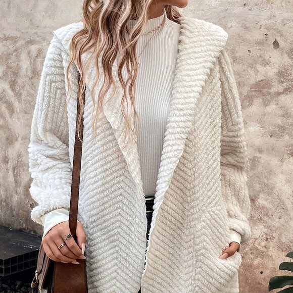 Apricot Casual Women's Waterfall Collar Open Front Teddy Coat - Picture 5 of 7